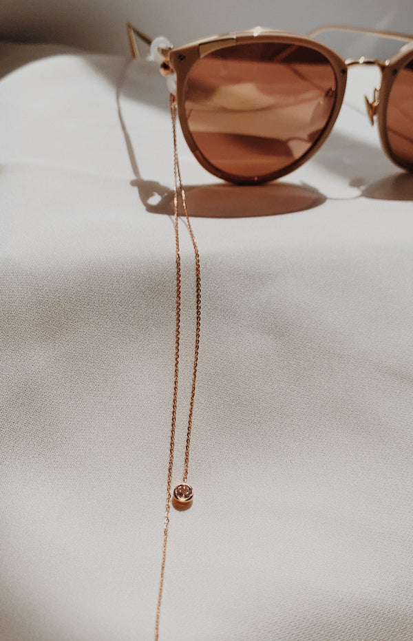 Rose Gold eyeglass chain with two pink morganite gems.